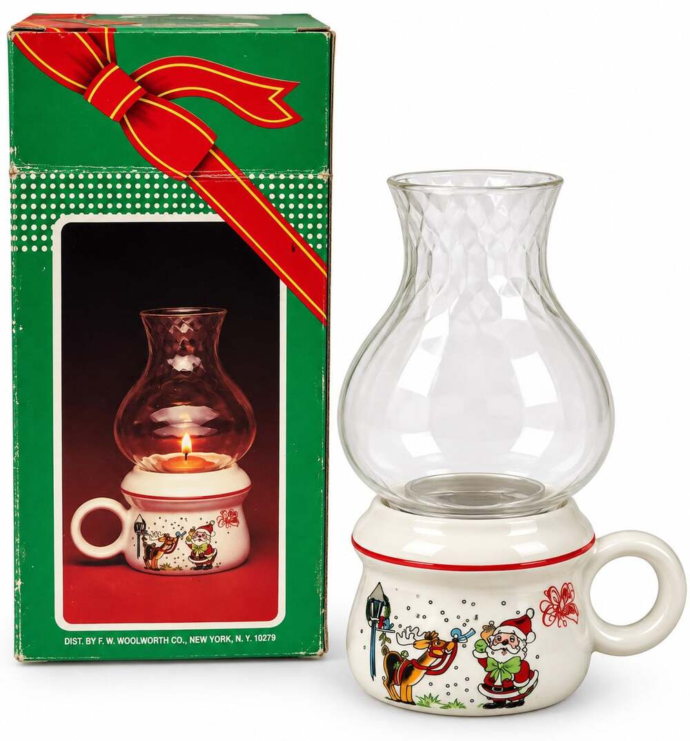 Vintage F.W. Woolworth Christmas Candle Lamp Santa Reindeer Glass Chimney Box
